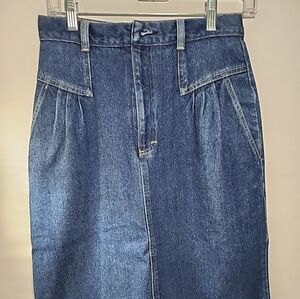 Vtg 90s High-Waisted Denim Midi Skirt Straight Front Pleats Pockets Cheryl Tiegs